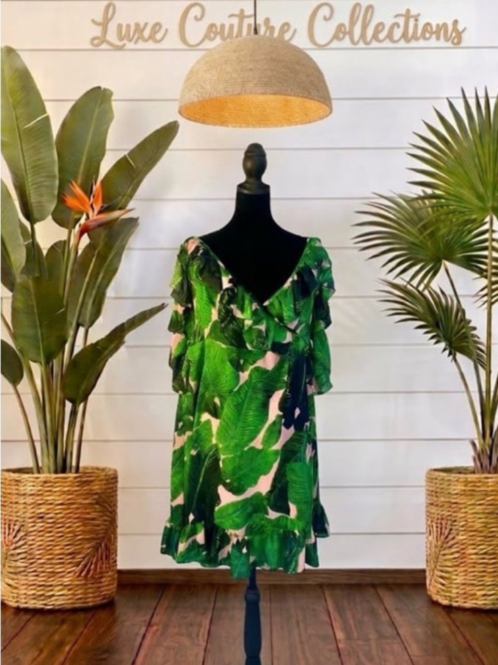 Boohoo Green Tropical Leaf Ruffle Mini Dress